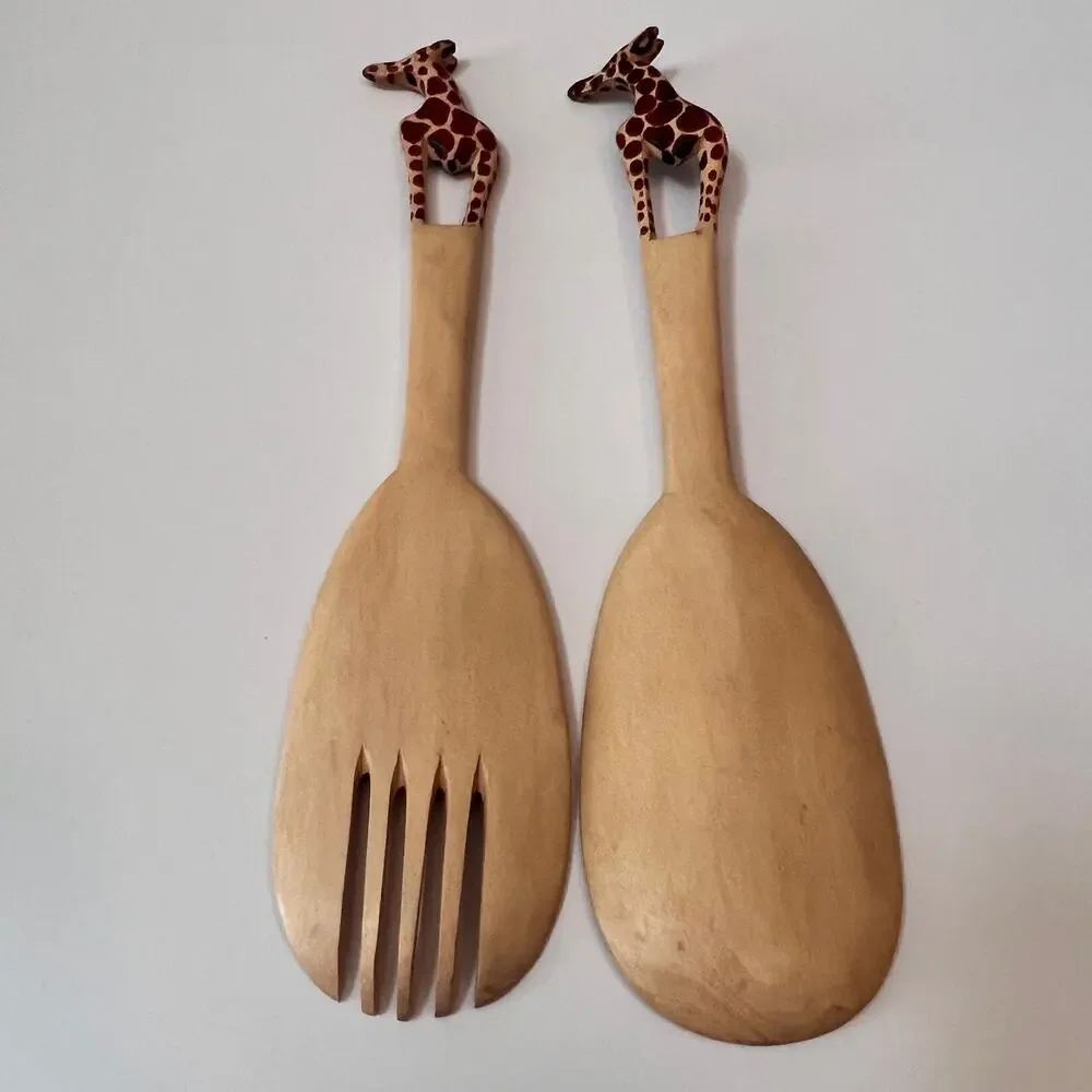 Wood Salad Server Set Giraffe Handle African Safari Spoon‎ Fork Kitchen Handmade